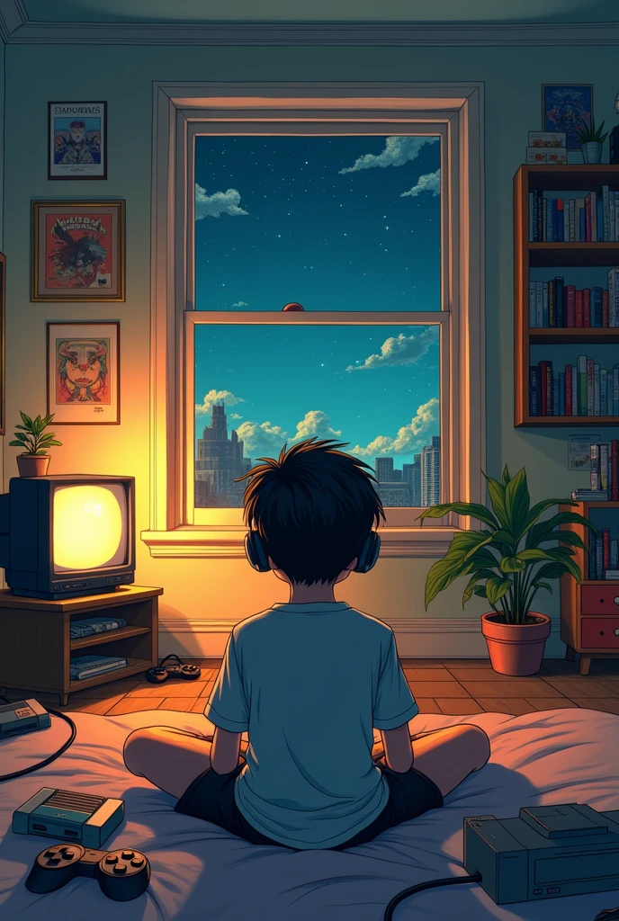 (work of art) studio ghibli style, A teenage boy playing Playstation One, sitting in his room, with headphones from ear, nerd décor, view from behind, video game on shelves on the wall, cartazes, nintendo, 90&#39;s psone, Calm, peaceful, pensamento, Glaring light, retro tv, 90s style, 1990