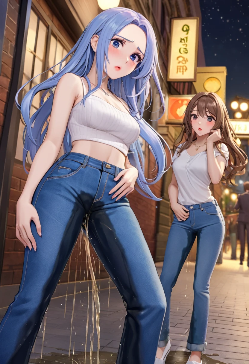 ((best quality, masterpiece:1.3, 8K)), (detailed), highly detailed face and skin texture, detailed eyes, downtown, night time, full body, (slender body:1.1), (a group of girls:1.2), 25 years old, white skin, bright lips, scared. worried, embarrassed, long hair, (forehead:1.0), jeans pants, flares jeans, tight jeans, blue jeans, (wetting themself:1.5), desperation:1.5,