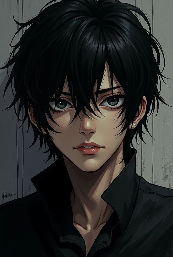 Manga style dark messy long hair , dark eyes darker than everything and handsome male