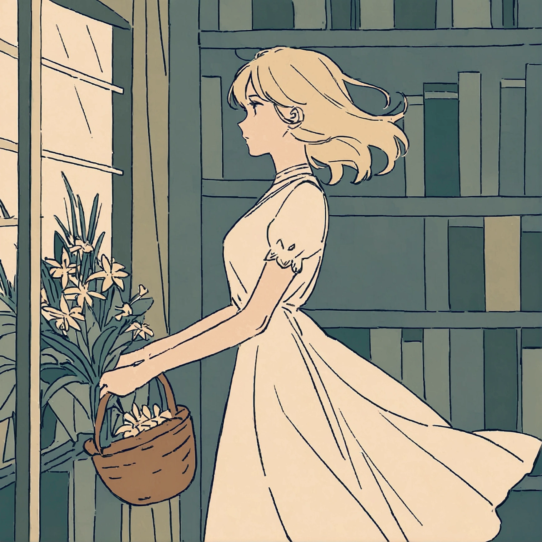 A woman in a white dress, carrying a basket of flowers. Flat color, chic, soft atmosphere, faint light, plants. Simple and beautiful color scheme. Swaying in the wind, summer, antique bookstore, vintage.
