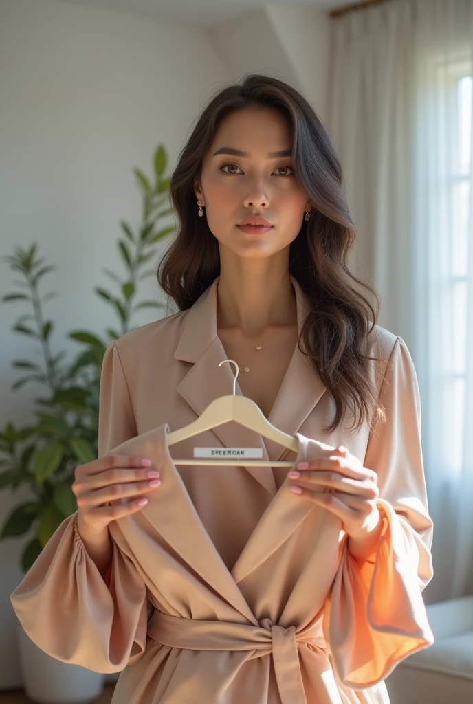 A woman is creating content about fashion and holding a piece of clothing in front of the camera.