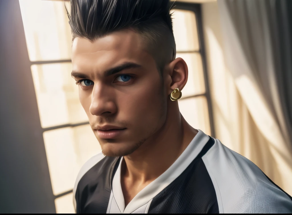a 24 year old male soccer defender, 194cm tall, short modern mohawk hairstyle, white skin, wearing a black jersey, golden earrings, looking directly at the camera, (best quality,4k,8k,highres,masterpiece:1.2),ultra-detailed,(realistic,photorealistic,photo-realistic:1.37),portrait,sports,dynamic pose,dramatic lighting,muscular physique,detailed facial features,intense gaze