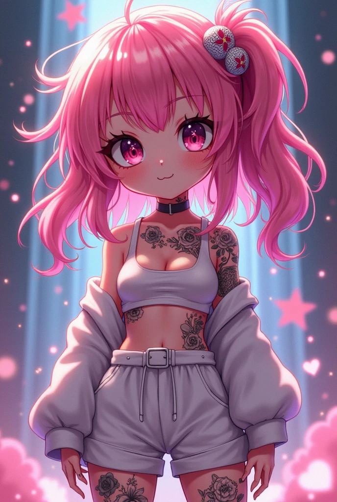 chibi, cute anime character girl, pink messy wavy hair, cross-shaped pupils, wearing loose baggy rapper-style costume, attractive and seductive face, make-up, covered in tattoos, superlative body proportion, background another dimension, notes effects, star effects, heart effects, glitter effects, (ultra detailed, absolutely resolution, best quality:1.3)