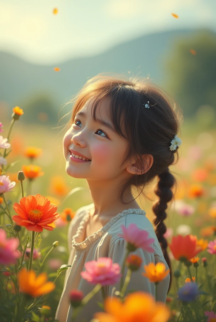 A slightly blurry image with a smiling gilr look into the flower