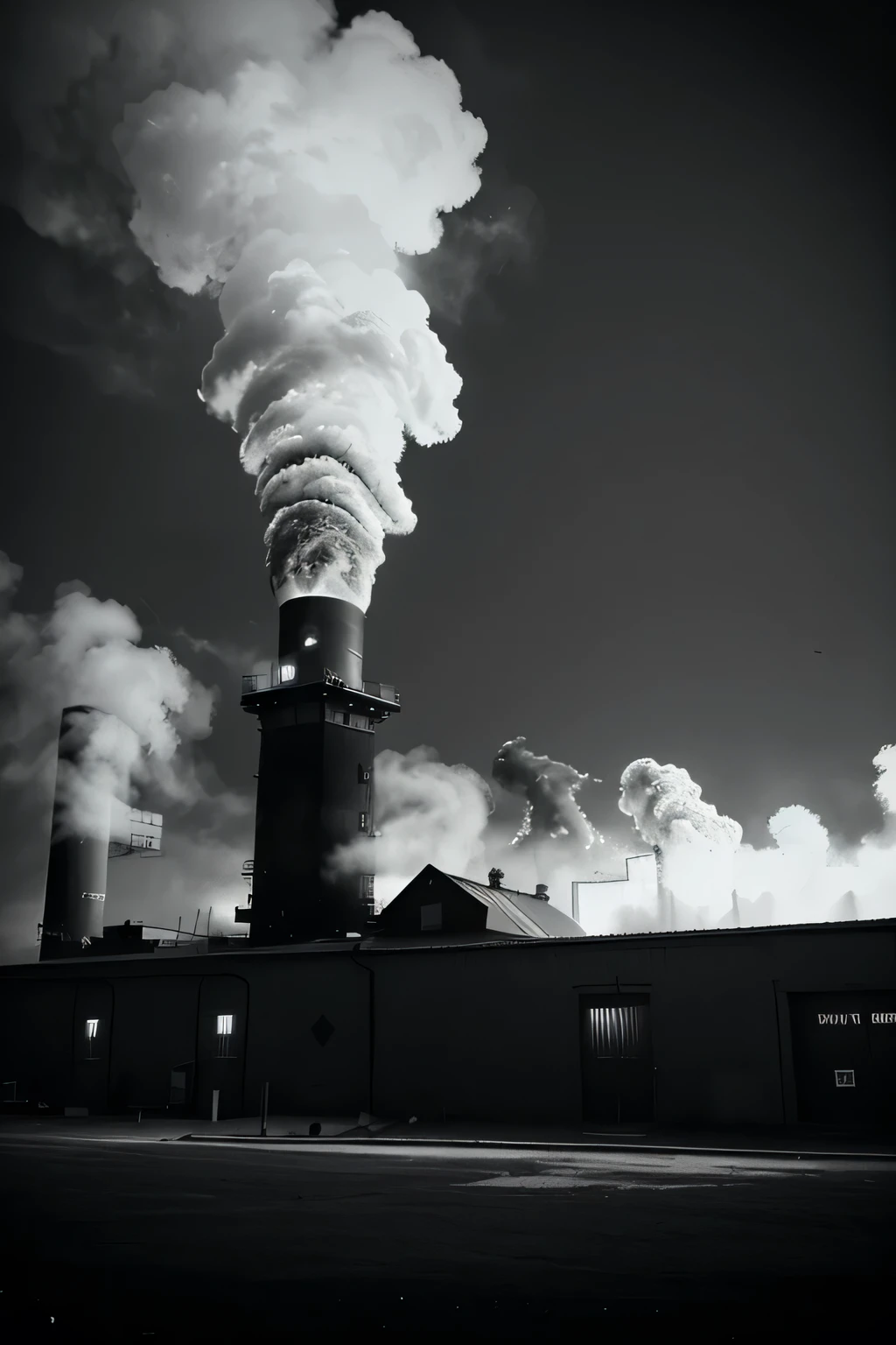 A3 Black and White High Contrast Photography, factory with a (large intense red chimney), Smokes,