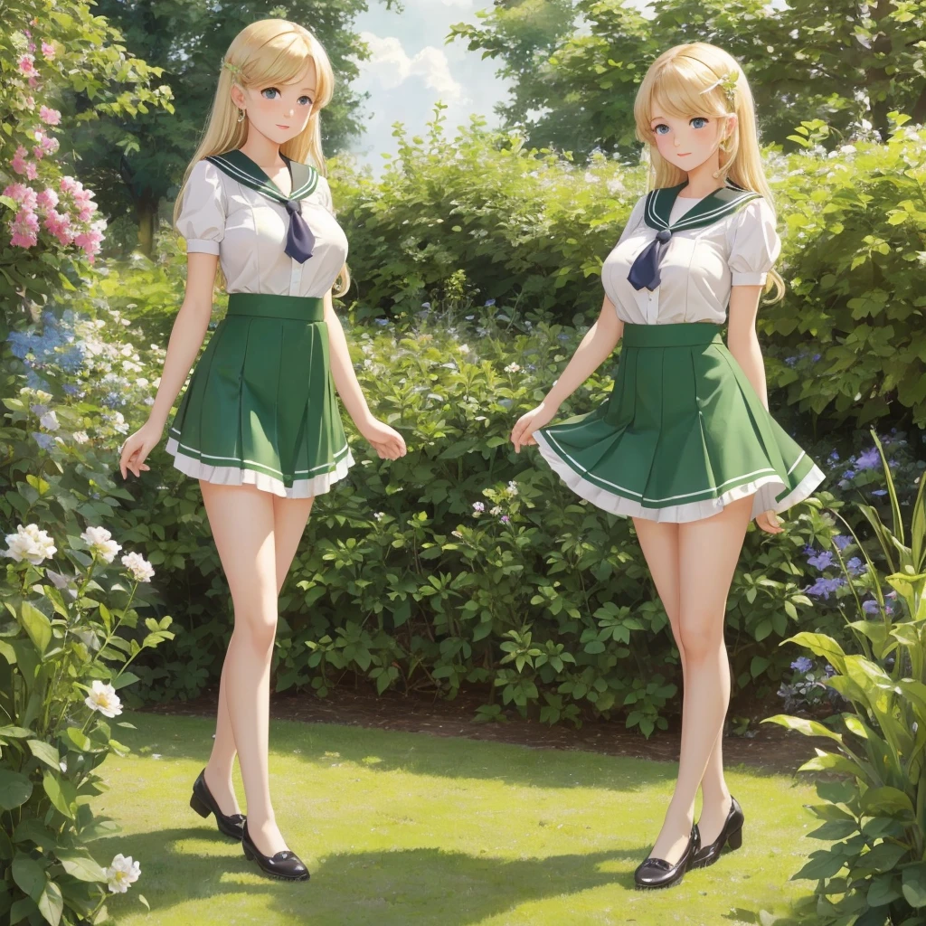 3 girls, long hair, Big breasts , Blushing, blond, Green-eyed sailor suit short skirt 1933 style cute and beautiful girl 18 years old in the garden beautiful long legs high resolution, best quality, masterpiece, Lift skirt mini skirt take off clothes