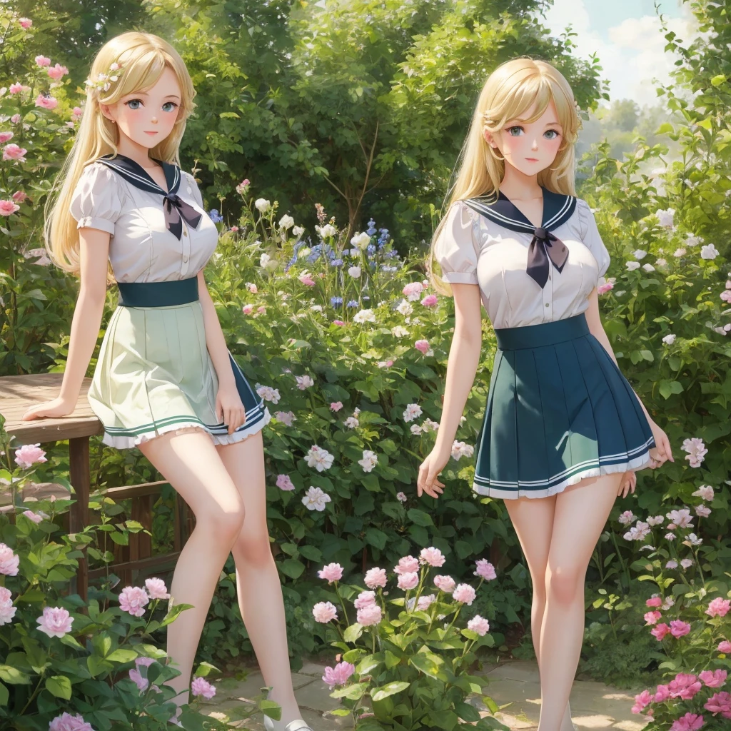 3 girls, long hair, Big breasts , Blushing, blond, Green-eyed sailor suit short skirt 1933 style cute and beautiful girl 18 years old in the garden beautiful long legs high resolution, best quality, masterpiece, Lift skirt mini skirt take off clothes
