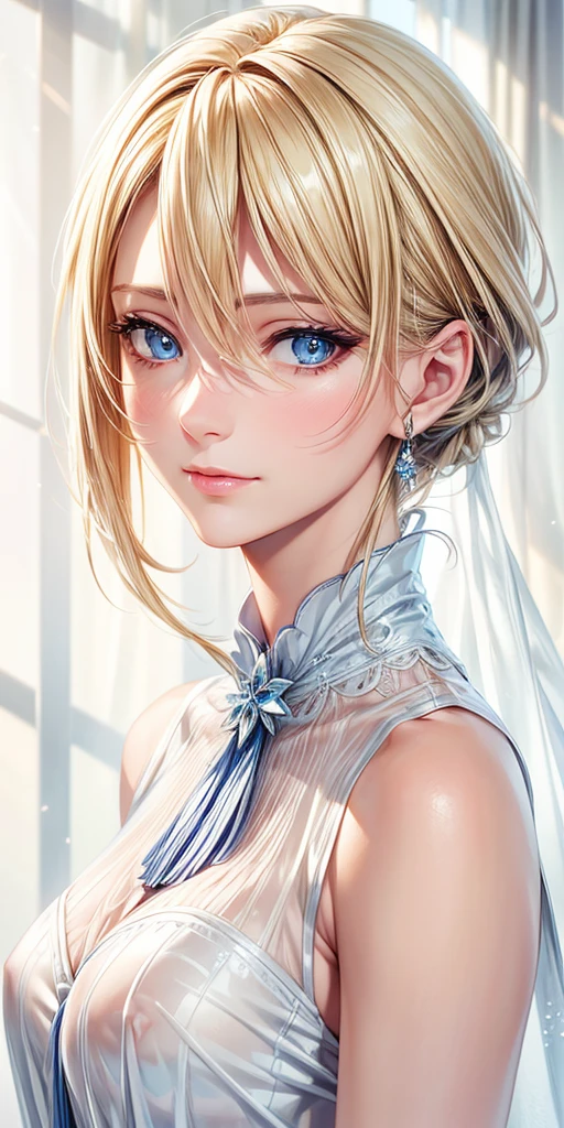 Highest quality,Portraiture, Realistic, Elegant mature woman, blue eyes, Blonde, 4K resolution, Ultra-detailed CG, Beautiful CG, Soft Light,See-through blouse (NSFW),Small breasts,Detailed eyes,Detailed face,Closed Mouth,Detailed eyes,Detailed eyes