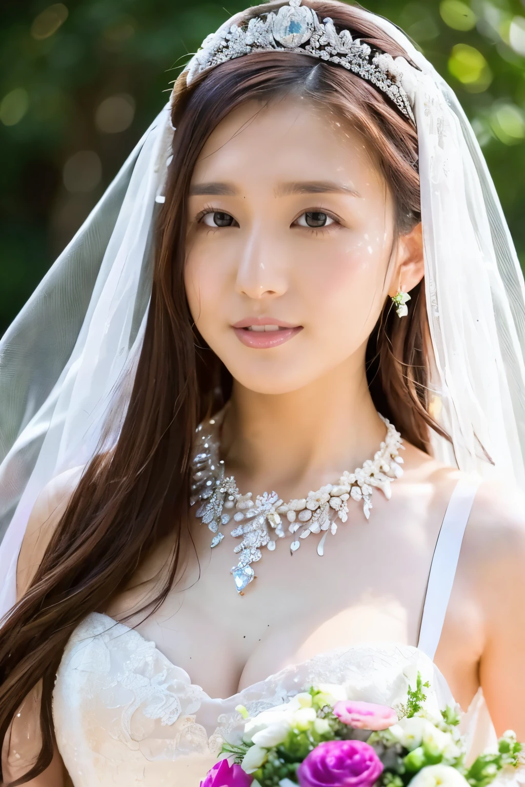 (Highest quality、Tabletop、8k、Best image quality、Award-winning works)、Beautiful Bride、(alone:1.1)、(The most extravagant and gorgeous huge pure white wedding dress:1.2)、(Perfect Wedding Lace:1.2)、(The most gorgeous and luxurious giant tiara:1.3)、(The most extravagant and luxurious giant necklace:1.3)、(A vibrant bouquet:1.3)、The finest jewellery decoration、Perfect Makeup、Long eyelashes、Ultra HD Shining Eyes、Ultra HD Hair、Ultra-high resolution glossy lips、Super high resolution beautiful face、(Accurate anatomy:1.1)、Very bright and beautiful skin、very bright and vivid、(Perfect Bridal Hairstyles:1.3)、(Front facing body:1.1)、(The most refreshing and beautiful forest background:1.1)、(Small cleavage:1.1)、(Perfect beautiful bridal photos:1.1)、Cute Smile、(Face close-up:1.1)、(nose:1.2)、(Beautiful natural forehead:1.1)、(Lustrous and beautiful skin:1.1)