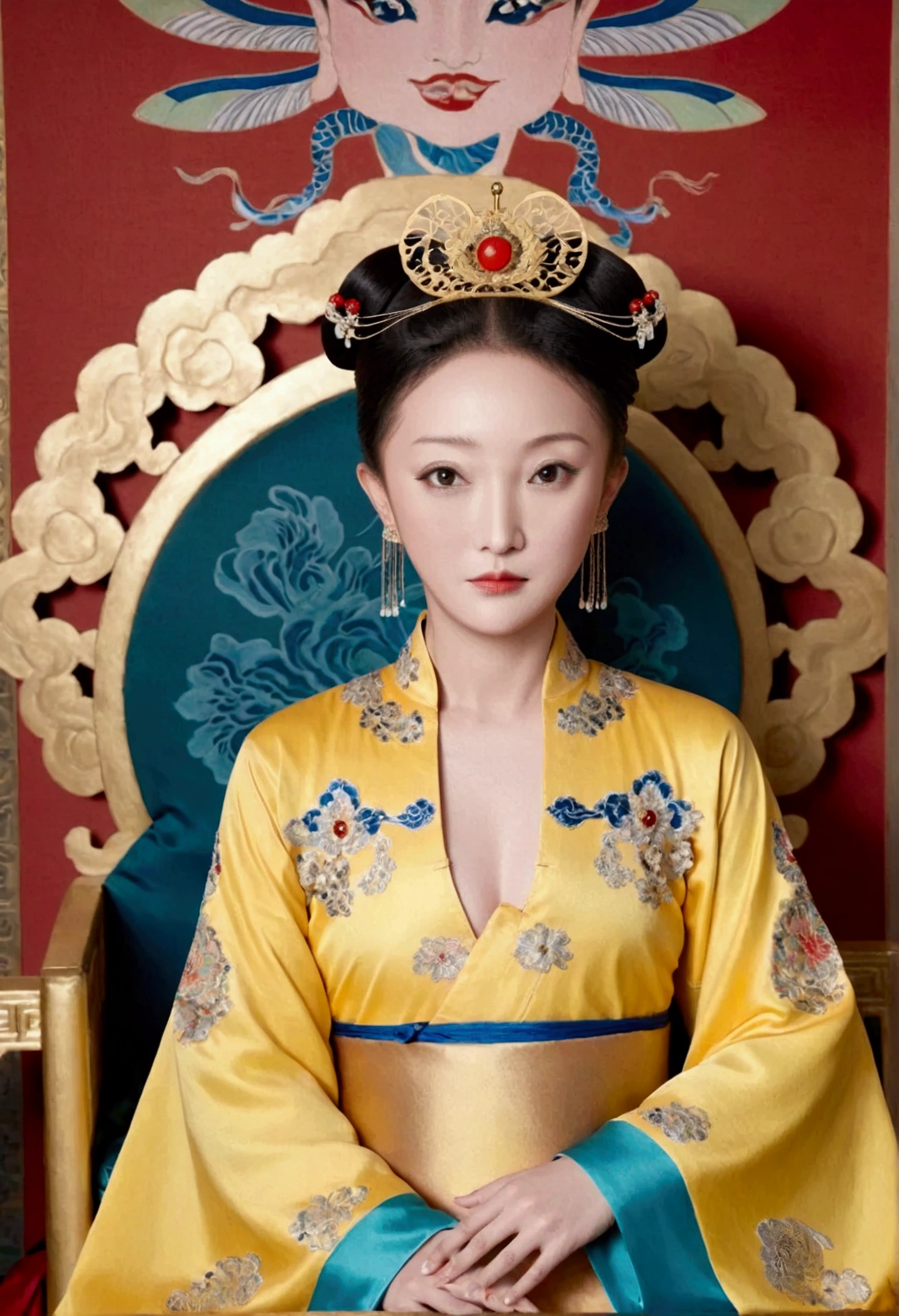 A gorgeous empress from the Chinese imperial court during the Qing Dynasty, fully naked on a large golden sofa, spreading one's legs open wide with knees bent,creating the shape of the letter M(Porn Pose) A gorgeous Chinese imperial empress with her hair tied on both sides and wearing a crown、Background of kinky and erotic woman tying her hair、The story is set in the luxurious rooms of an empress in the Chinese imperial court during the Qing dynasty.。