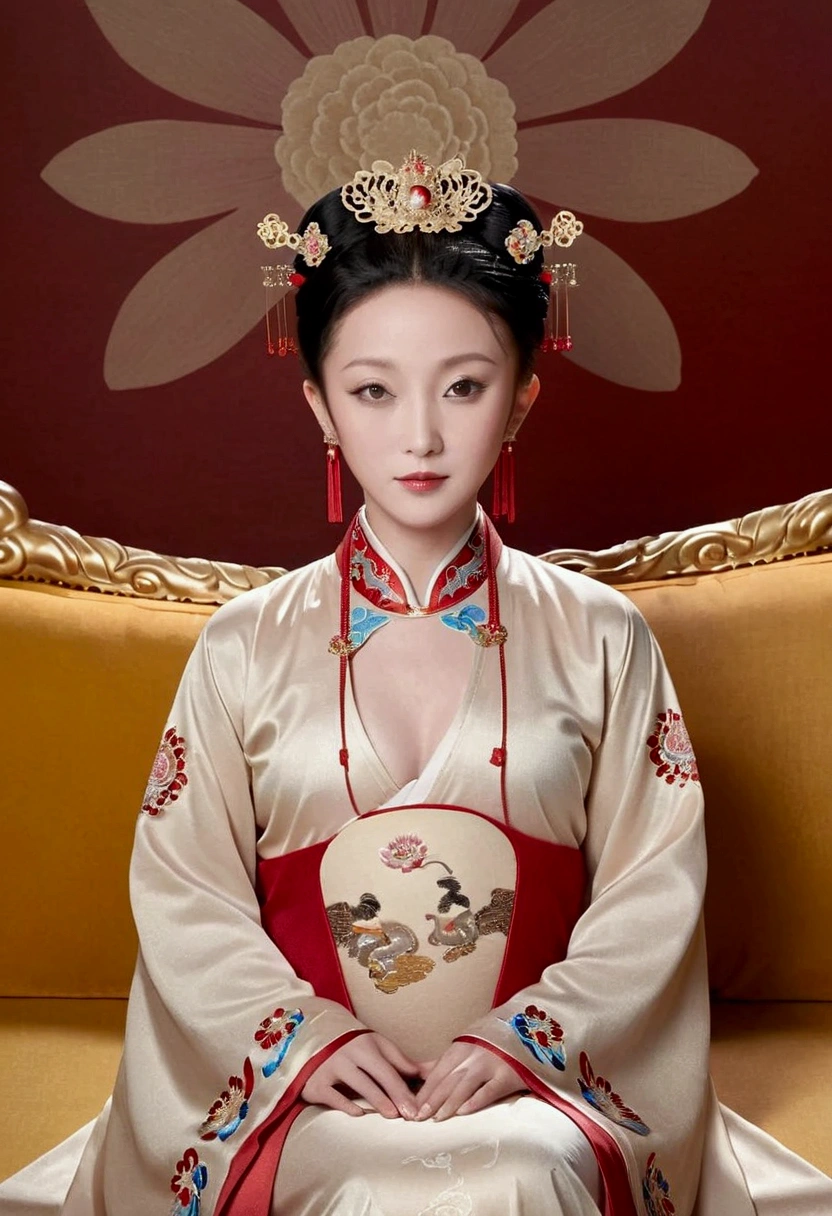 A gorgeous empress from the Chinese imperial court during the Qing Dynasty, fully naked on a large golden sofa, spreading one's legs open wide with knees bent,creating the shape of the letter M(Porn Pose) A gorgeous Chinese imperial empress with her hair tied on both sides and wearing a crown、Background of kinky and erotic woman tying her hair、The story is set in the luxurious rooms of an empress in the Chinese imperial court during the Qing dynasty.。