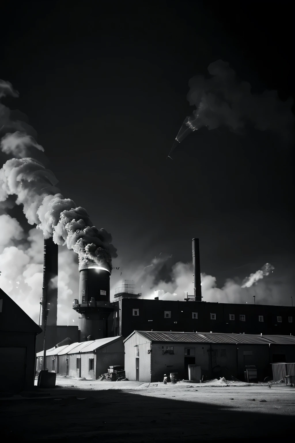 A3 Black and White High Contrast Photography, factory with a (large intense red chimney),  Smokes, 