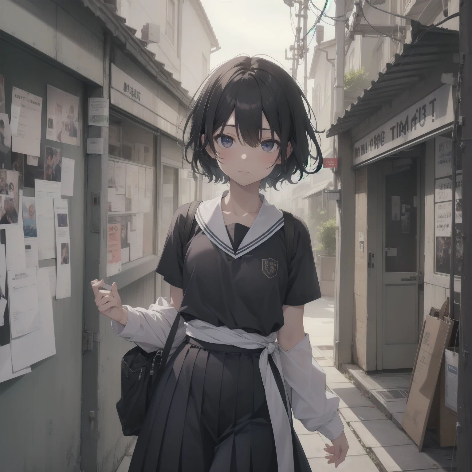 ultra-absurdres-Top quality by artist God, ultra-detailed, high resolution, anime moe artstyle, best anime 8k konachan wallpaper, pixiv contest winner, pool:2810, perfect anatomy,break, 1girl, (Please draw a girl walking sleepily to school alone. )break,(Solo,little female, 13-year-old:1.3),Full limbs, complete fingers,a junior high school student, (very short hair), short cut, flat chest, , small butt, small black eyes, beautiful detailed eyes, well-proportioned iris and pupils, expressive eyes, highres detailed hair, soft expression, salor school_uniform, sailor collar, serahuku, bow, pleated skirt,(Detailed Lighting), (Detailed background), in the School commute route. break,super detailed skin, Best cinematic lighting powered by famous artist, 8k,beauty illustration,photoshop_(medium),very aesthetic,break,((artist:izumi_tsubasu )), artist:clamp ,artist:carnelian ,artist:kantoku ,