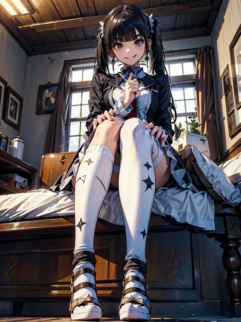 In the spotlight,scoAgain_9, Guess face, Wicked Smile, Againm \(Again:zero\), medium bAgainasts, Hair on one eye, White knee socks, From below, Sitting, Crossing your legs, indoor, On the bed, high Againsolution, masterpiece, evaluation_Safety