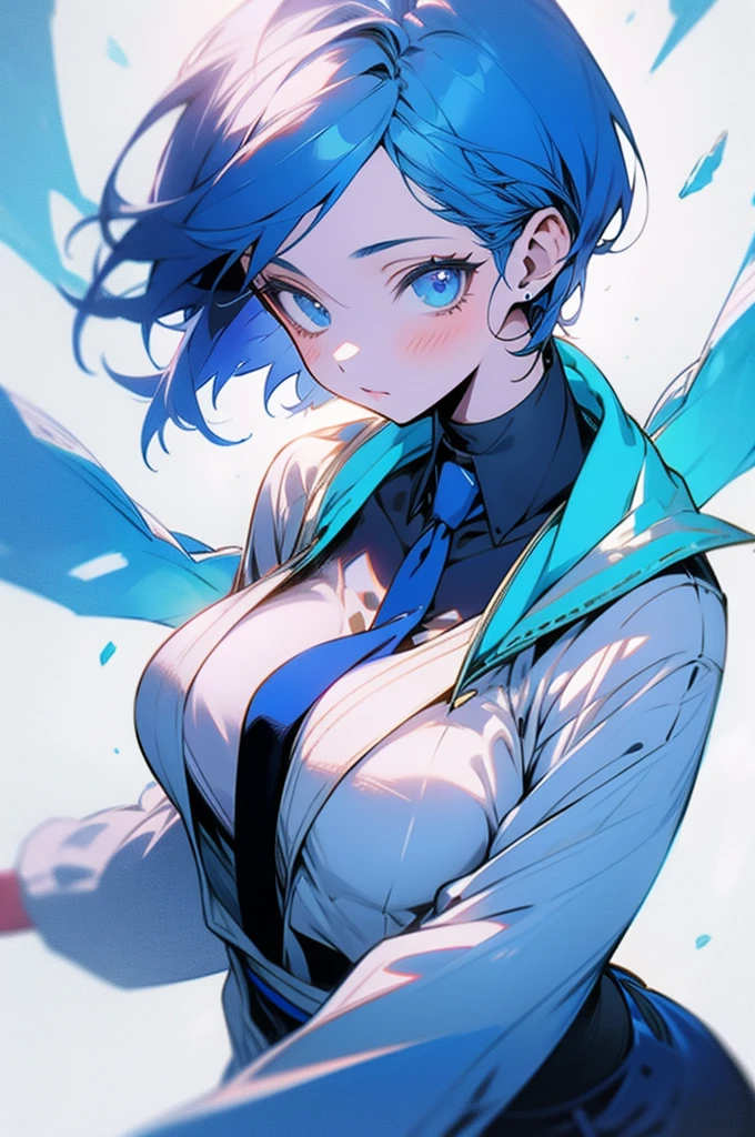 1 girl, blue eyes, blue hair without bangs, looks at the viewer, short hair, big breasts, dressed in a white shirt and blue jacket, blue trousers, blue tie, dynamic, cosmic background, beautiful, detailed, delicate tones, emotionless face, freezing.
