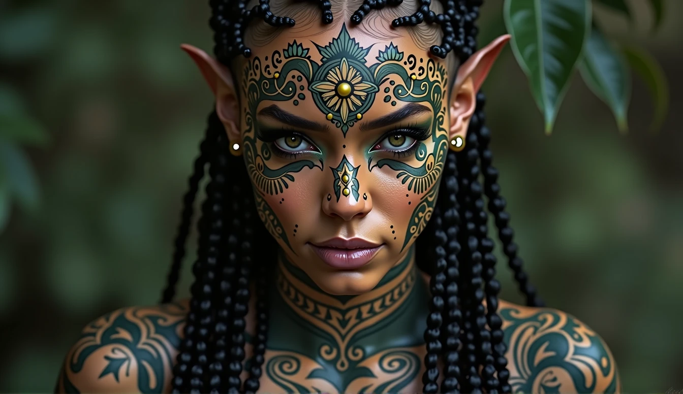 a pose of a beautiful woman with tattoos on her face and body, beautiful female android, tattooed face, dark elf, skin black, intricate braided hair, portrait in matte painting, photo by full body, glare eyes, she is dressed in shaman clothes, heavy make-up, pintura tribal, Celta, fractalpunk, cryptopunk, (attractive young man: 1,3) , (seducer:1,1), detalhamento, a lot of femininity, enticing, dazzling, cinematic lighting, dramatic lighting, warm color tones, dramatic colors, (best qualityer, 4K, 8k, high resolution, Masterpiece artwork: 1.2), (realisitic, foto realisitic 1,37), HDR, 16:9.