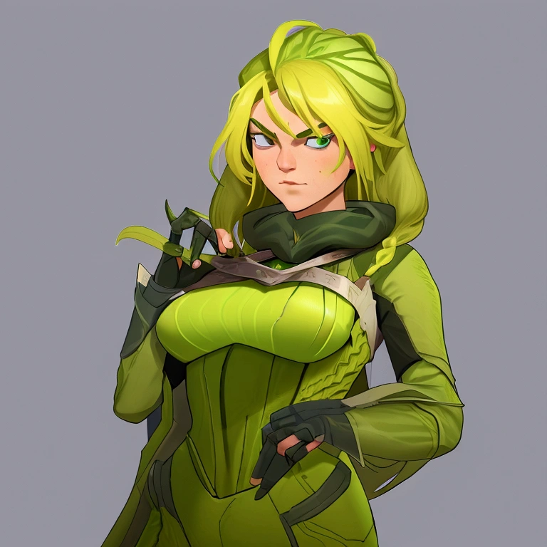 concept art, European and American comics, game character design, RPG Fantasy Game Characters, solo, 20-year-old European woman, blonde hair, golden hair, long hair, braid (((Lime green fabric combat suit))),white background, Brown eyebrows ,holding a bow,black eye, Focused on the upper body, Make your face look bigger,((Draw only up to the waistline))), (((Zoom in so the face is clearly visible))), (((Focused on the upper body))), Lime green short-sleeved top, A cloak with a hood, Brown corset, Lime green gloves, Brown waist belt, The belt buckle is lime green, Short lime green skirt, holding a bow, Wearing a quiver,