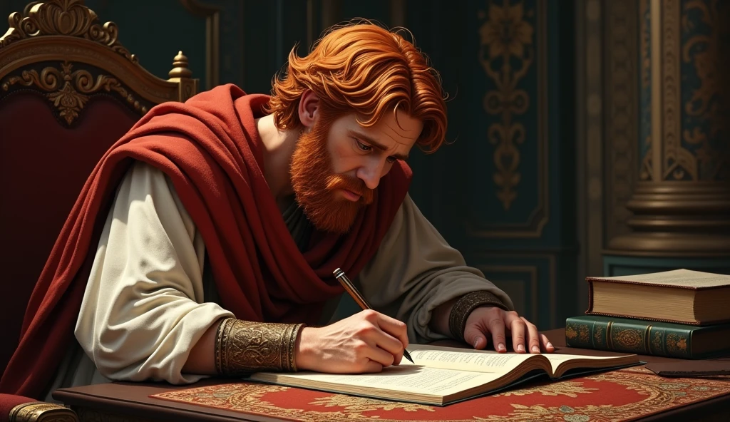 create: "NON-YOUTUBE VIDEO LAYER" 
 a man named king david who was red-haired, With tears in my eyes, crying and very sad, writing a letter in the palace.
