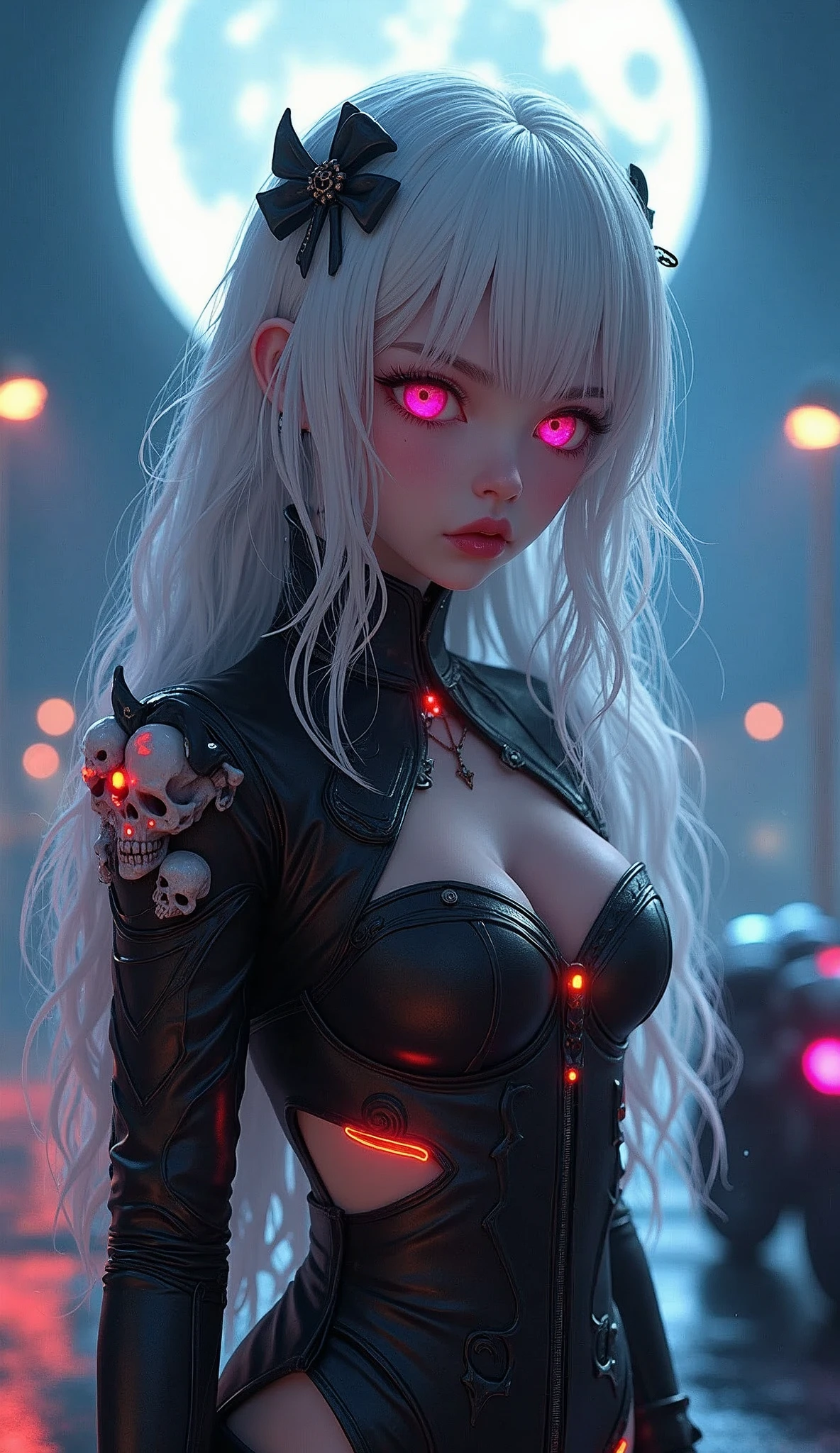 photorealistic,Realistic illustration in Modelshoot style,((masterpiece)),((The best quality)),((Ultra Quality)),((ultra detailed)),((1girl long white hair)),((Only)),((waifu:1.5)),Perfect anatomy,perfect hands,beautiful cuerpo,beautiful_method,ulzzang-6500-v1,e-chica,Exceptionally Beauty -yeld Wa  posando na frente de uma motocicleta futurista, the motorcycle has skulls and blue flames highly detailed 3D graphics, night scenery with full moon in the background, she is wearing a  Uniform with 3D skulls and flames and Sailor Miniskirt, Pantyhose , HDR, epic realism, high-octane rendering, obra de arte,,((bright-pink_eyes)),long wavy hair,hair clips,eyeliner,cute makeup,lipstick,Glossy lipstick,with a look of terror, worry and sadness,((eyes detallados perfectos)),rainy with fog outside,evening,pink theme,bioluminiscencia,light particles,((Extremely CG Unity 8K Wallpaper)),((cinematic lighting,Best quality lights)),intricate details,Suave,sharp focus,Extremely beautiful and aesthetic,Octane rendering,Full length portrait,damp skin,((Perfect detailed body)),