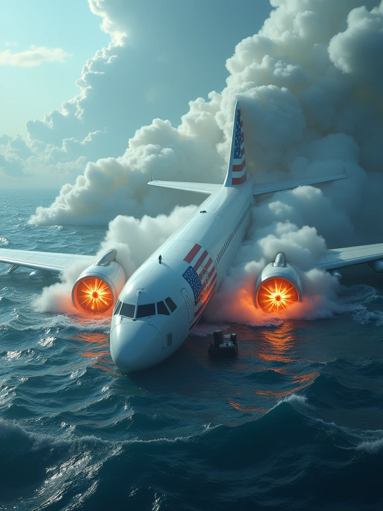 An image of a white airplane adorned with the flag of the United States engrossed in thick clouds. It's resting on the surface of a blue ocean, with its engines in flames indicating a crash. Scattered around you see suitcases and various items, maybe belongings of the passengers. The scene is rendered in a hyperrealistic and photorealistic manner with high resolution and great detail. It is portrayed in a professional and aesthetically pleasing way, showing a captivating scene from a close-up perspective.