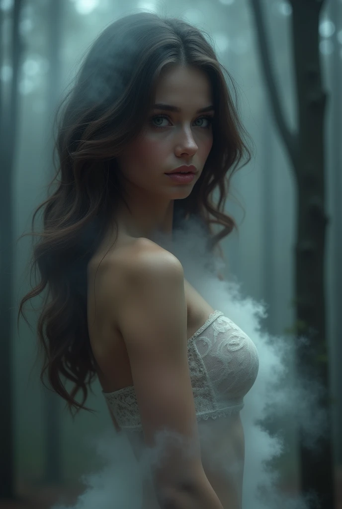 adriana lima, thick brown hair, Hot , Ukrainian girl, wavy brown hair, Dasha Taran, pretty beautiful brunette, (solo one girl : 2.0), a beautiful woman with perfect and detailed eyes, beautiful detailed lips, extremely detailed eyes and face, long eyelashes, intricate facial features, Porcelain skin, elegant expression, Mysterious look, cinematic lighting, high quality 3d rendering, photorealistic, hyperdetailed, masterpiece, Digital art, Conceptual art,Generate a full body image of a sexy girl in underwear, with the body composed of a dense fog. The fog should be thick and detailed, forming the curves of the body in a mysterious and suggestive way. The face must be visible, but the rest of the body must appear ethereal and nebulous, merging with the environment in a soft and elegant way. The background must be a dark forest, with dark trees and an eerie atmosphere. The image must have a very deep depth of field, making the girl in the foreground stand out clearly against the blurry forest background