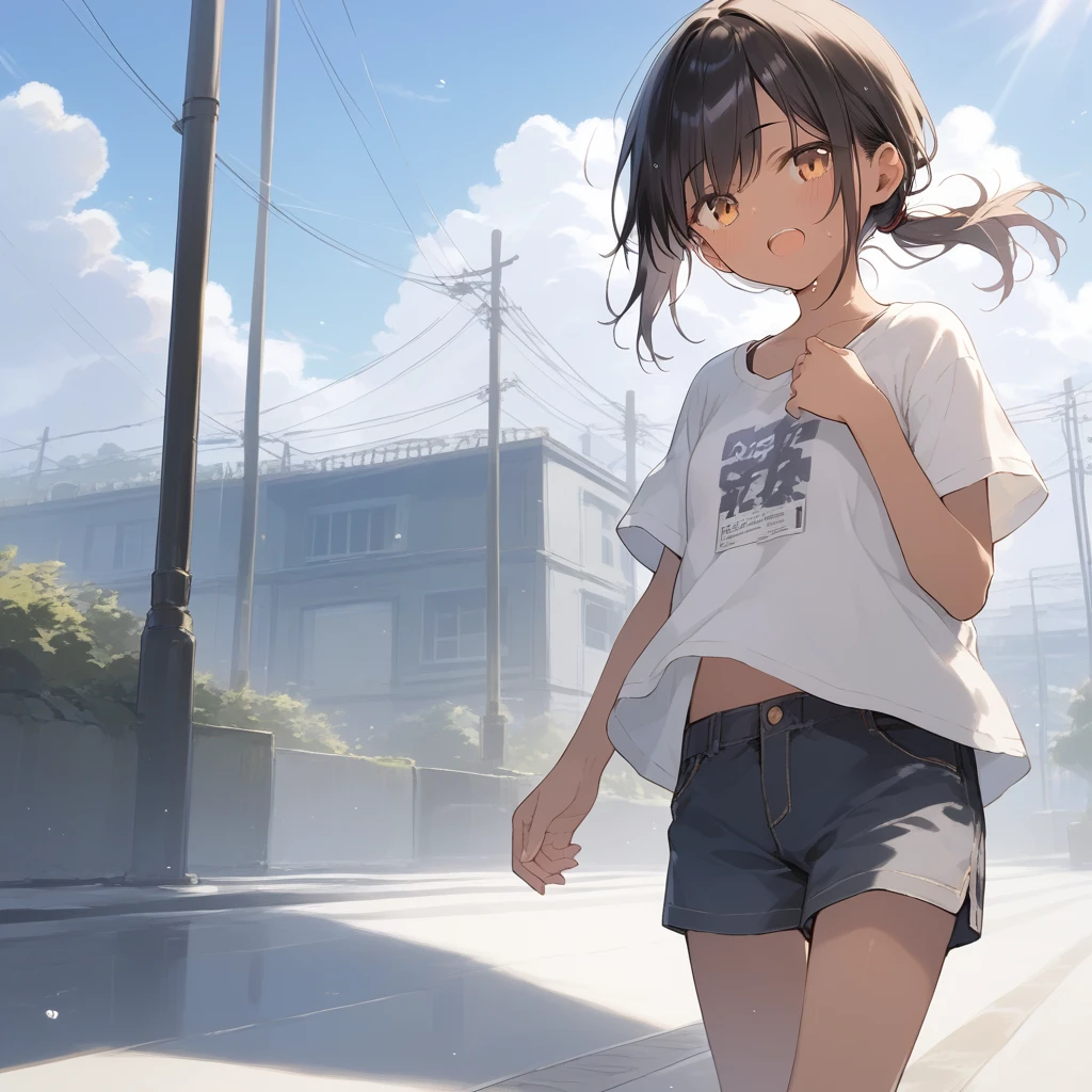 score_9, score_8_up, score_7_up, source_anime, best quality, masterpiece, official art, absurdres, highres, ultra-detailed,waifu2x,Collection: Slice of Life,break,1girl, tomboy, dark-skinned female, short hair, low ponytail, small breasts, groin, beautiful detailed eyes, shorts, sweat, open mouth, (yawn:0.3), sleepily, outdoors, wind,break,(clear line illustration:1.2), super detailed skin,very high resolution, very aesthetic, Best sexual lighting powered by famous artist, 8k, 16k, cute picture,beauty illustration,photoshop_(medium),,(Detailed Lighting),best anime 8k konachan wallpaper, pixiv contest winner,