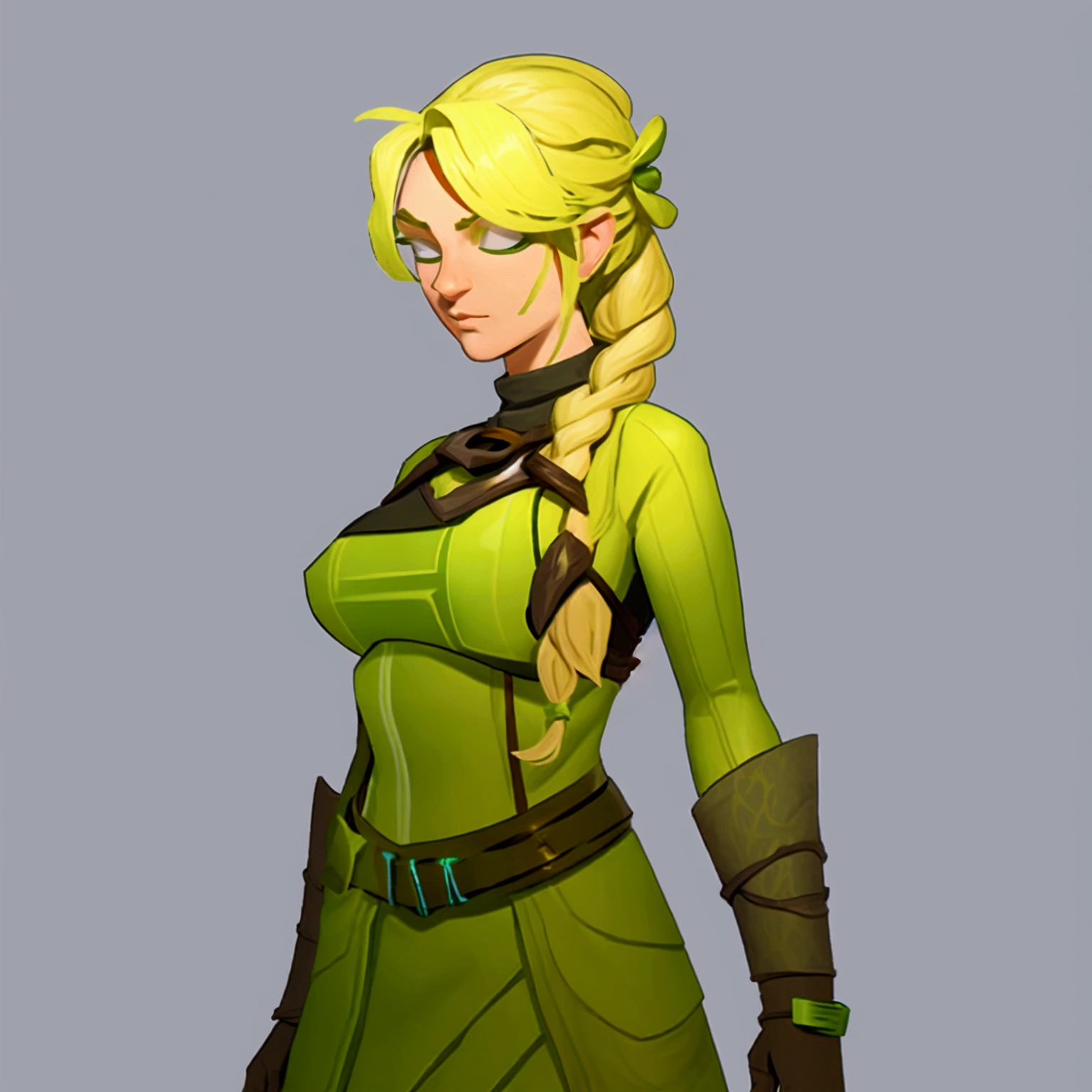 concept art, European and American comics, game character design, RPG Fantasy Game Characters, solo, 20-year-old European woman, blonde hair, golden hair, long hair, braid (((Lime green fabric combat suit))),white background, Brown eyebrows ,holding a bow,black eye, Focused on the upper body, Make your face look bigger,((Draw only up to the waistline))), (((Zoom in so the face is clearly visible))), (((Focused on the upper body))), Lime green short-sleeved top, A cloak with a hood, Brown corset, Lime green gloves, Brown waist belt, The belt buckle is lime green, Short lime green skirt, holding a bow, Wearing a quiver,