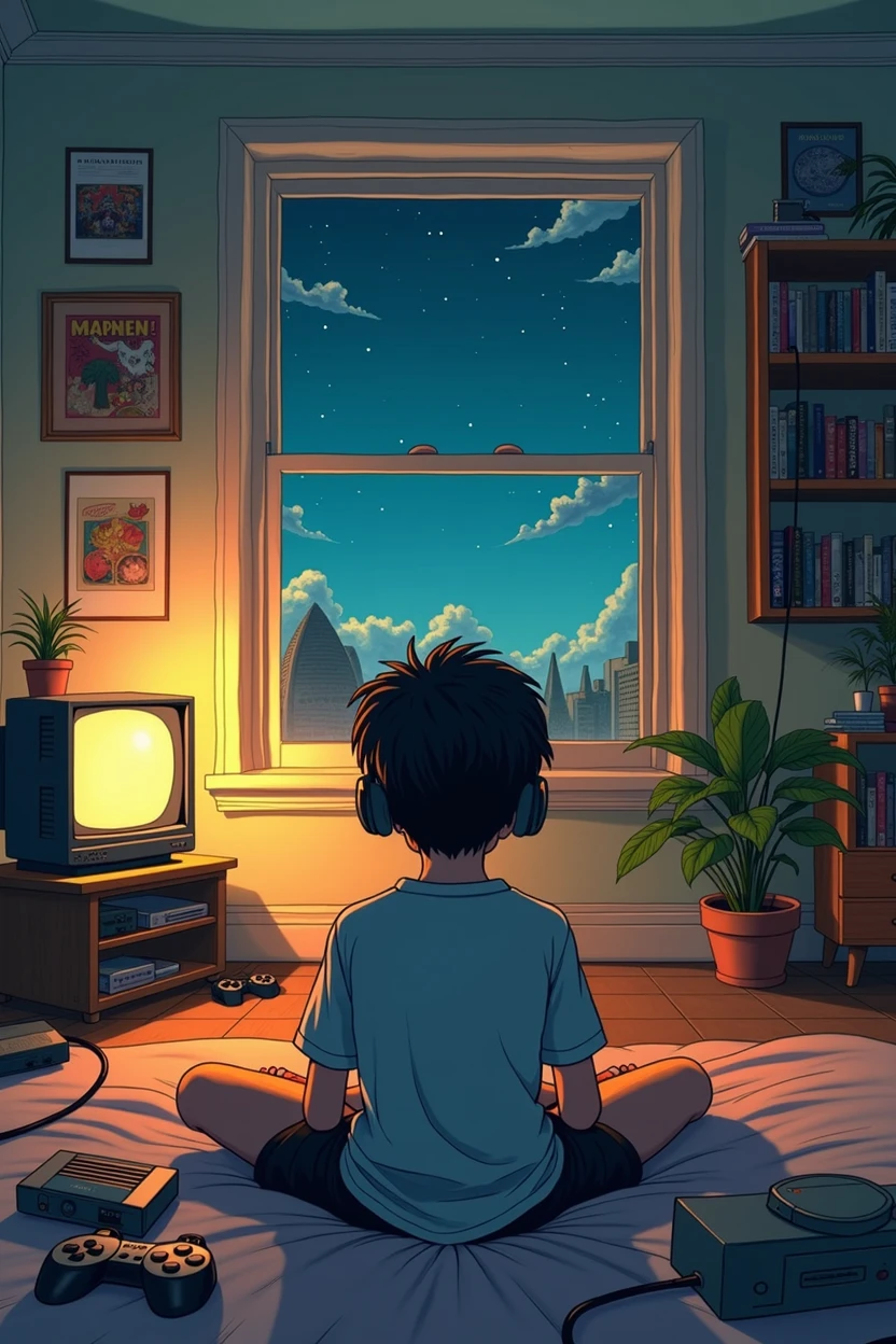 (work of art) studio ghibli style, A age boy playing Playstation One, sitting in his room, with headphones from ear, nerd décor, view from behind, video game on shelves on the wall, cartazes, nintendo, 90&#39;s psone, Calm, peaceful, pensamento, Glaring light, retro tv, 90s style, 1990