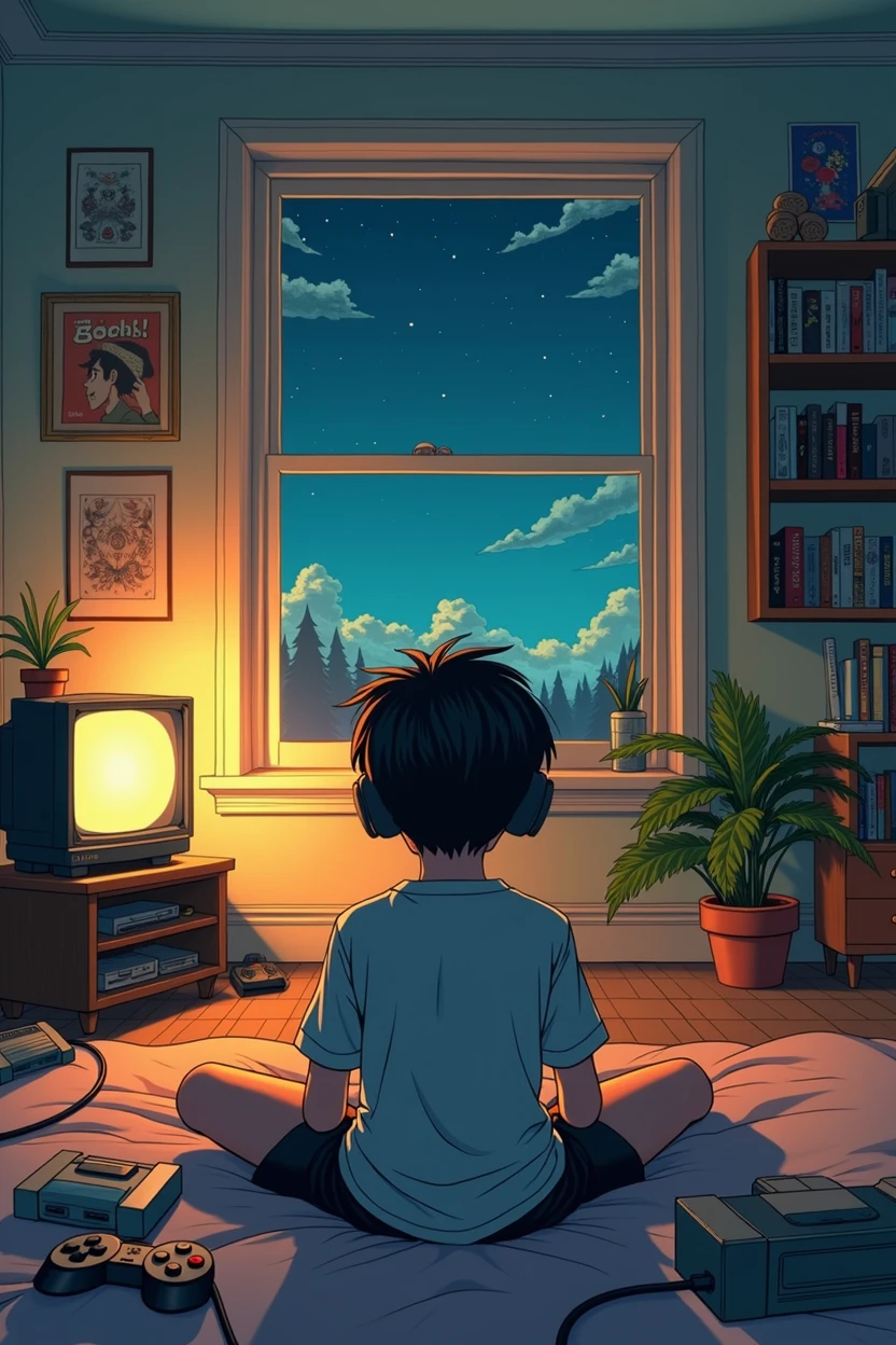 (work of art) studio ghibli style, A teenage boy playing Playstation One, sitting in his room, with headphones from ear, nerd décor, view from behind, video game on shelves on the wall, cartazes, nintendo, 90&#39;s psone, Calm, peaceful, pensamento, Glaring light, retro tv, 90s style, 1990