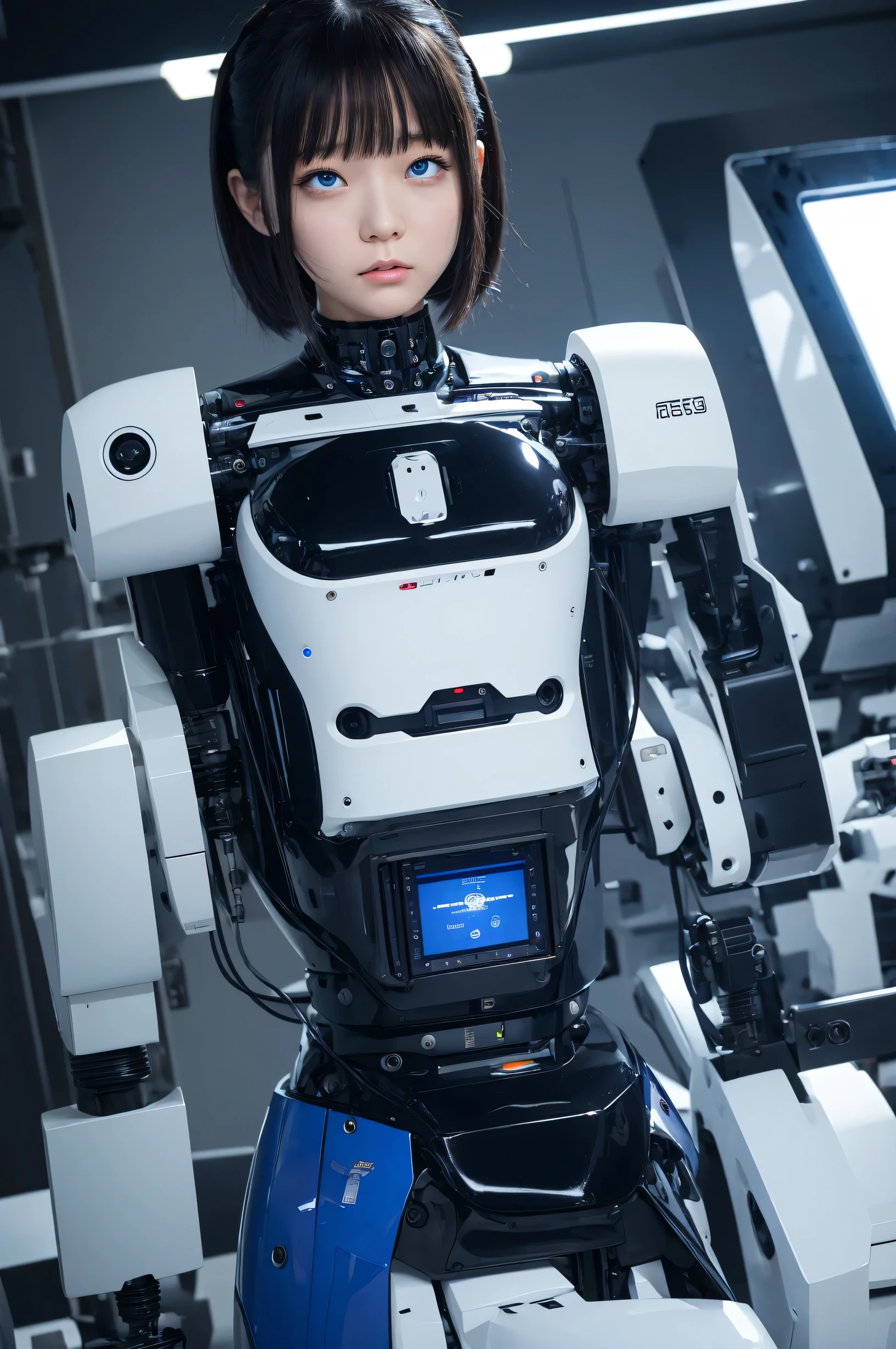 masterpiece, best quality, extremely detailed, Japaese android girl,Plump , hug,control panels,android,Droid,Mechanical Hand, Robot arms and legs, Black hair,Blunt bangs,perfect robot girl,long tube,thick cable connected her neck,android,robot,humanoid,cyborg,japanese cyborg girl ,robot-assembly plant,She is assembled now,assembly scene,chest monitor,blue eyes,breast cover,rolling eyes