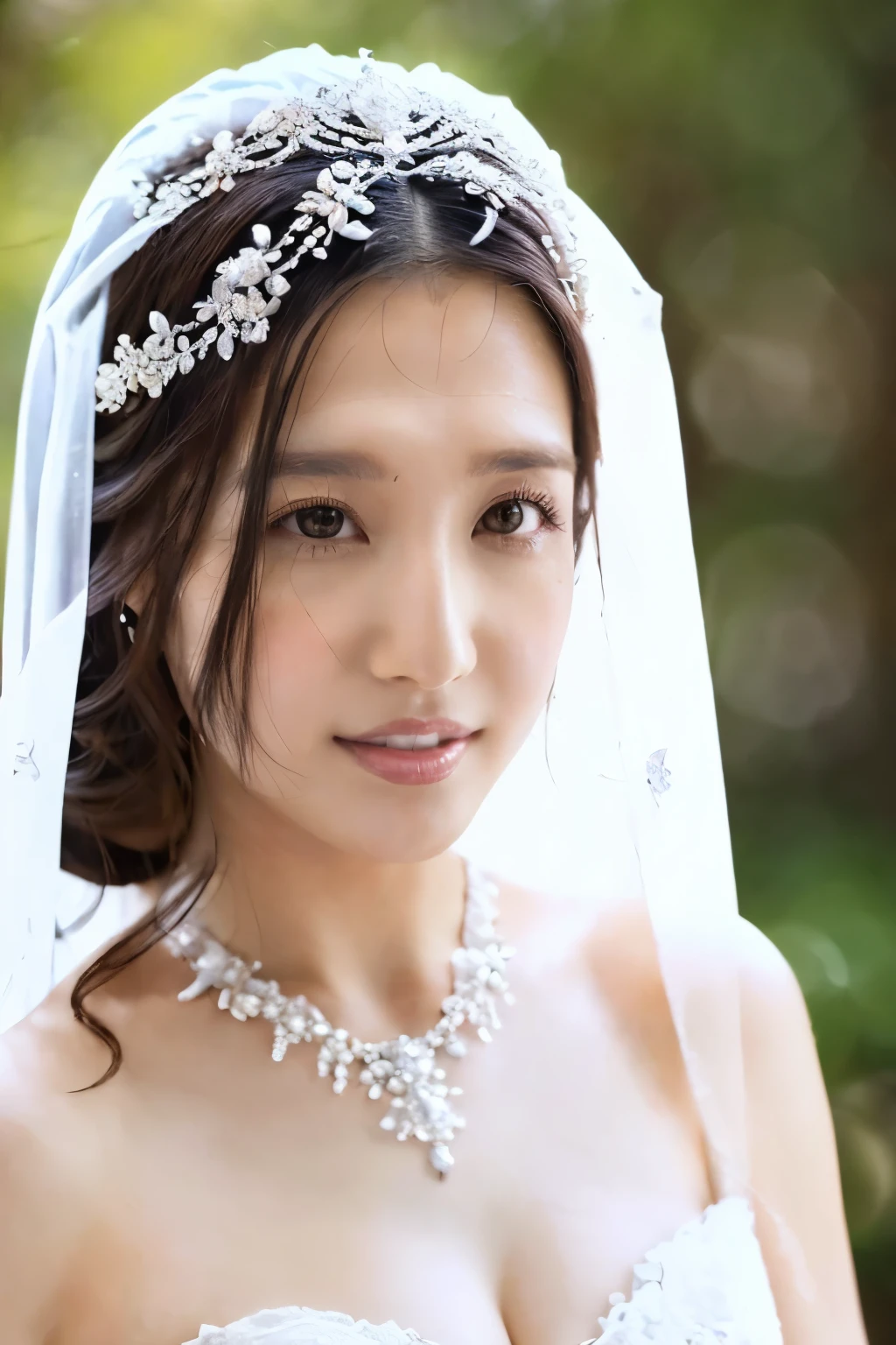 (Highest quality、Tabletop、8k、Best image quality、Award-winning works)、Beautiful Bride、(alone:1.1)、(The most extravagant and gorgeous huge pure white wedding dress:1.2)、(Perfect Wedding Lace:1.2)、(The most gorgeous and luxurious giant tiara:1.3)、(The most extravagant and luxurious giant necklace:1.3)、(A vibrant bouquet:1.3)、The finest jewellery decoration、Perfect Makeup、Long eyelashes、Ultra HD Shining Eyes、Ultra HD Hair、Ultra-high resolution glossy lips、Super high resolution beautiful face、(Accurate anatomy:1.1)、Very bright and beautiful skin、very bright and vivid、(Perfect Bridal Hairstyles:1.3)、(Front facing body:1.1)、(The most refreshing and beautiful forest background:1.1)、(Small cleavage:1.1)、(Perfect beautiful bridal photos:1.1)、Cute Smile、(Face close-up:1.1)、(nose:1.2)