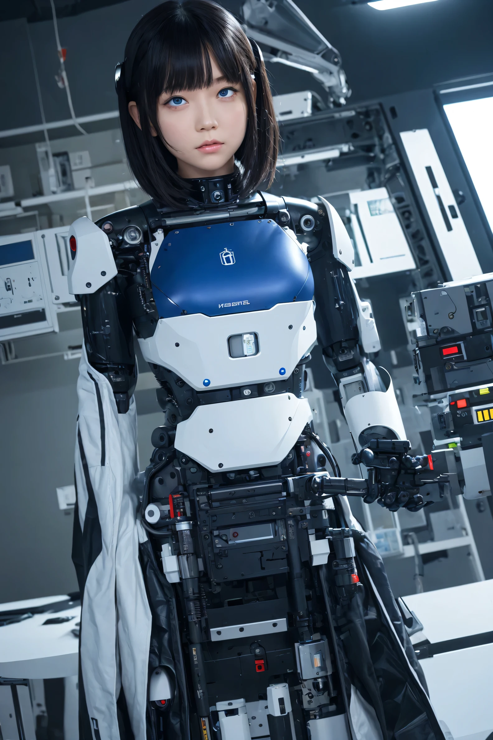 masterpiece, best quality, extremely detailed, Japaese android girl,Plump , hug,control panels,android,Droid,Mechanical Hand, Robot arms and legs, Black hair,Blunt bangs,perfect robot girl,long tube,thick cable connected her neck,android,robot,humanoid,cyborg,japanese cyborg girl ,robot-assembly plant,She is assembled now,assembly scene,chest monitor,blue eyes,breast cover,rolling eyes