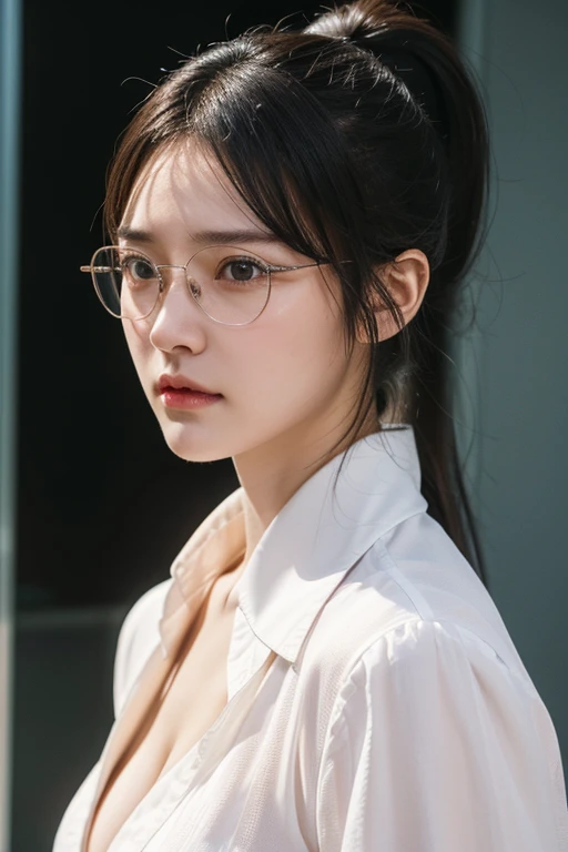 High resolution, Highest quality, detail, 高いdetail, Anatomically correct, Textured skin, chest, reflected light, Portrait Photography, Low ponytail, OL,suit,Rimless Glasses,Female Boss,office,machine,Angry,