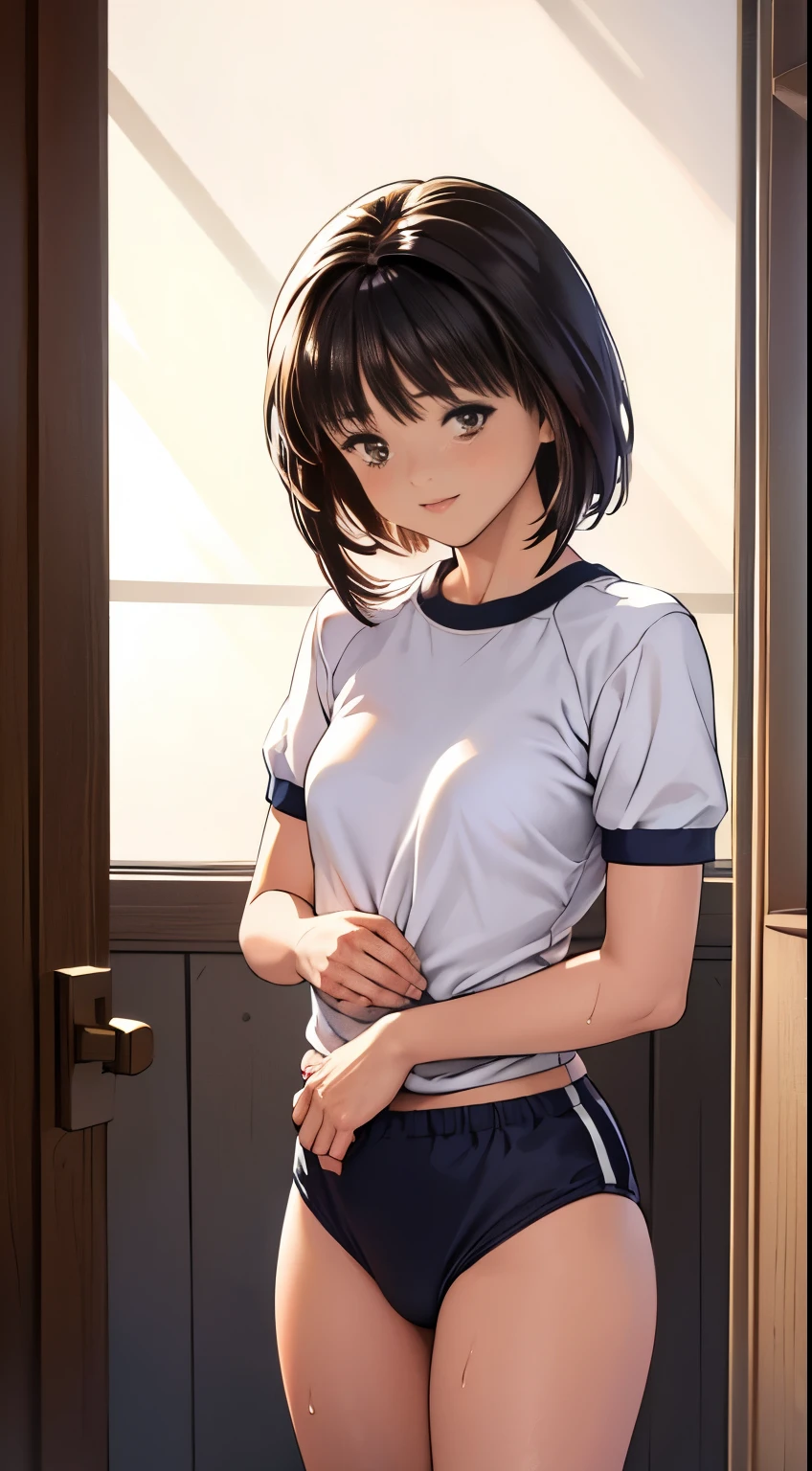 Ranma、、Covered in sperm, Redhead, Braided Hair 、Realisticistic beautiful female student、18-year-old、Stunningly beautiful、smile、Beautiful body、(Highest quality、8k、32K、masterpiece、Hmph:1.3)、Ultra-high resolution,(Realistic:1.4),RAW Photos, Detailed face,,Beautiful Hair,, ,Very short hair 、Very short hair、Stunningly beautiful二重まぶた、 Natural Makeup,, Small and perfect breasts, Wet Hair、Detailed Background, Perfect lighting, Written boundary depth, Beautiful shadow gradation、Thin limbs、Thin thighs、(whole body)、(Bloomers, Bloomersー(old japanese gym clothes))、Beautiful slim perfect body、Beautiful high nose、、Center of chest、Drenched in sweat、