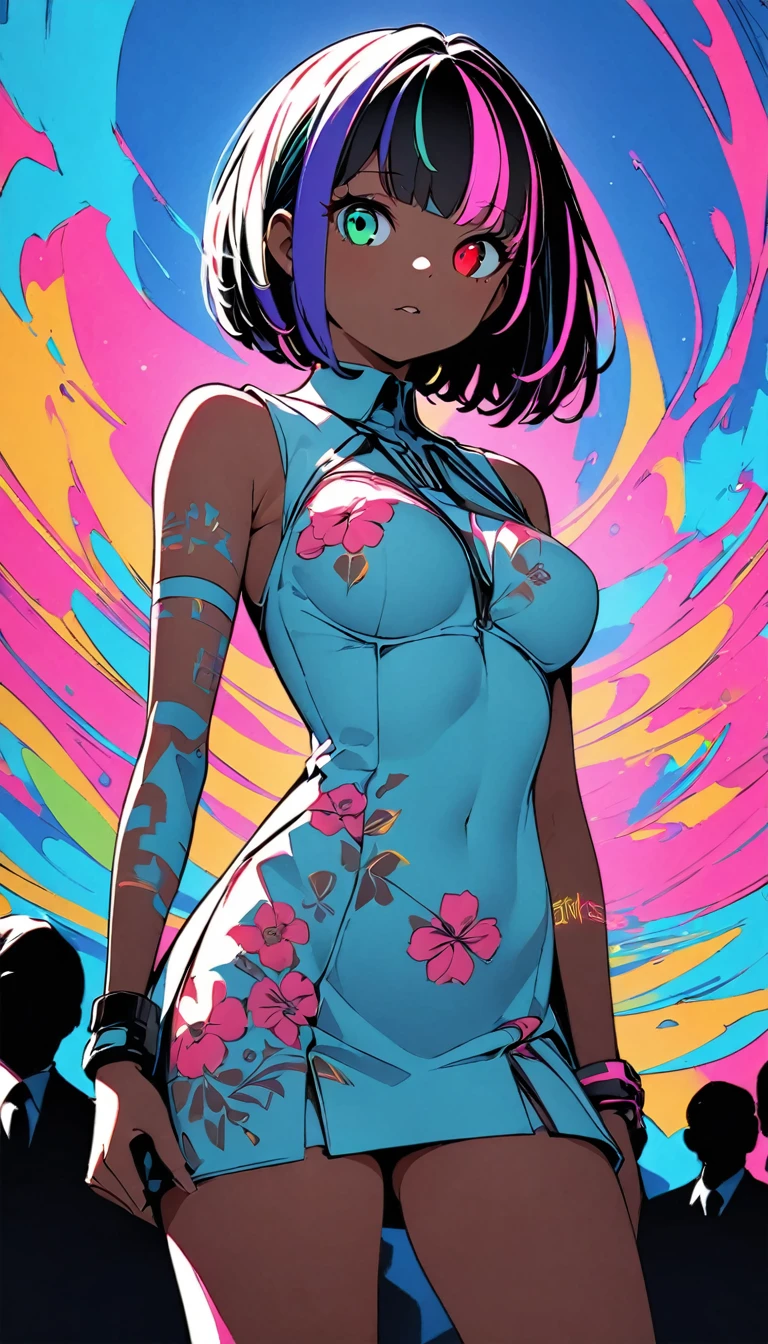 (high quality, 8k, 4K, High Contrast, masterpiece:1.2, 最high quality, Best aesthetics), (Dynamic Angle), girl、slim:1, Bright colors、Beautiful fine details、Beautiful lip detail、extra short hair, ((bob cut:1.5))、pink and purple, ((streaked hair:1.9)), (highlights hair: 1.6), heterrochromia, green eye, red eye, slim body, (medium breast:0.7), (Floral Fineline tattoo design on left arm:1), (tan skin:0.3), mini dress, (cyber punk:0.3, Flat Color:0.4, Colorful art:0.5, Looking at the audience, Colored Background, High Contrast, Contrasting colors), Cowboy Shot,