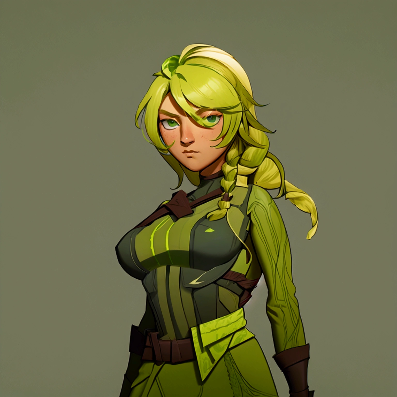 concept art, European and American comics, game character design, RPG Fantasy Game Characters, solo, 20-year-old European woman, blonde hair, golden hair, long hair, braid (((Lime green fabric combat suit))),white background, Brown eyebrows ,holding a bow,black eye, Focused on the upper body, Make your face look bigger,((Draw only up to the waistline))), (((Zoom in so the face is clearly visible))), (((Focused on the upper body))), Lime green short-sleeved top, A cloak with a hood, Brown corset, Lime green gloves, Brown waist belt, The belt buckle is lime green, Short lime green skirt, holding a bow, Wearing a quiver,