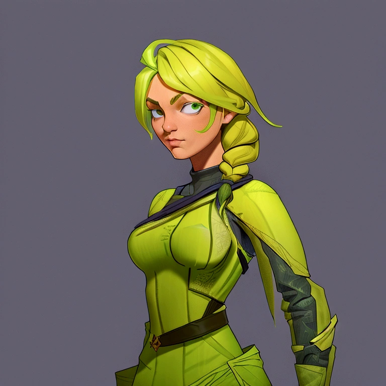concept art, European and American comics, game character design, RPG Fantasy Game Characters, solo, 20-year-old European woman, blonde hair, golden hair, long hair, braid (((Lime green fabric combat suit))),white background, Brown eyebrows ,holding a bow,black eye, Focused on the upper body, Make your face look bigger,((Draw only up to the waistline))), (((Zoom in so the face is clearly visible))), (((Focused on the upper body))), Lime green short-sleeved top, A cloak with a hood, Brown corset, Lime green gloves, Brown waist belt, The belt buckle is lime green, Short lime green skirt, holding a bow, Wearing a quiver,