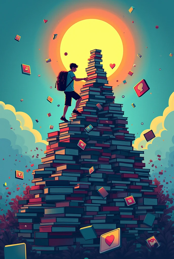 "Design a wallpaper where a student is climbing a mountain made of books, with distracting elements like social media icons, chat bubbles, and other distractions swirling around the base. At the top of the mountain, the sun is shining brightly, symbolizing achievement. The text reads: 'Rise Above Distractions.' The color palette should be vibrant, with a contrast between the dark distractions and the bright summit."