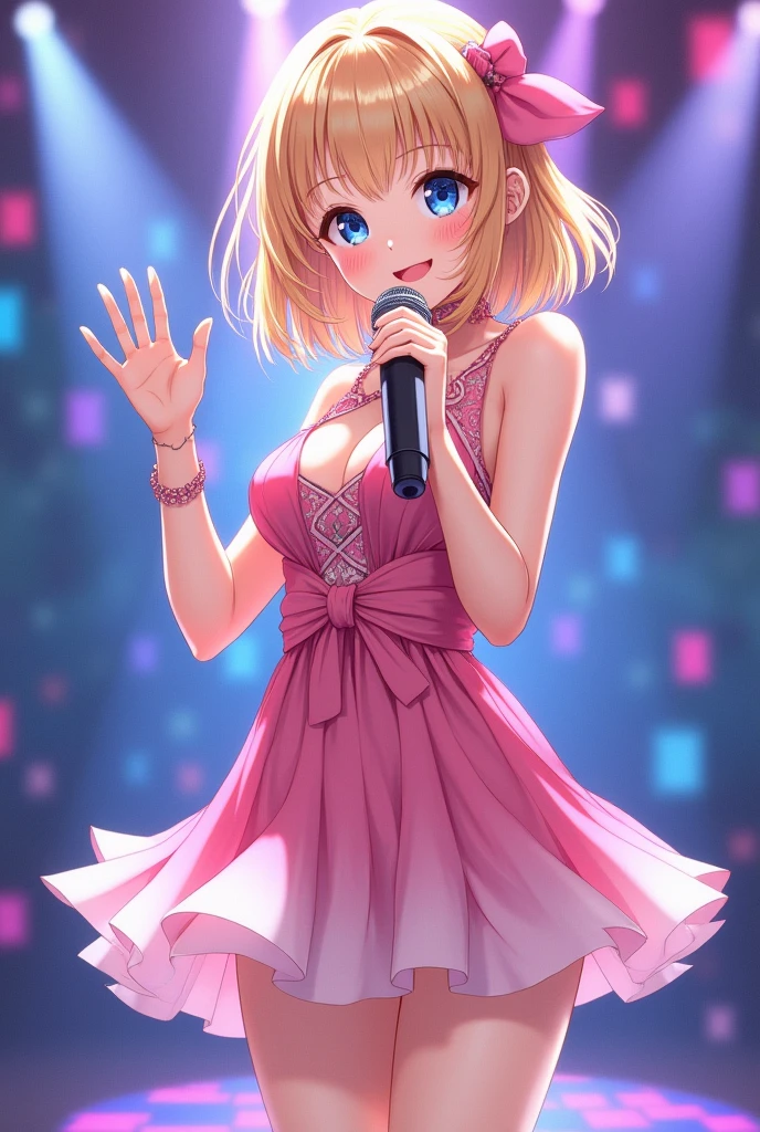 Anime girl, (best quality:1.5, highres, UHD, 4K, detailed lighting, shaders), blonde hair, bob cut, cute woman, cute girl, sharp eyes, blue eyes, beautiful, idol uniform, pink uniform, holding mic, waving at viewer's,1 girl, stage background, idol clothes, masterpiece, highest quality, Super detailed, shape, very delicate and beautiful,very detailed,detailed perfect,detailed hyper, standing in stage, Standing、Highest quality, figure, Super detailed, In detail, High resolution, 8k wallpaper, Perfect dynamic composition, Beautiful attention to detail, detailed eyes