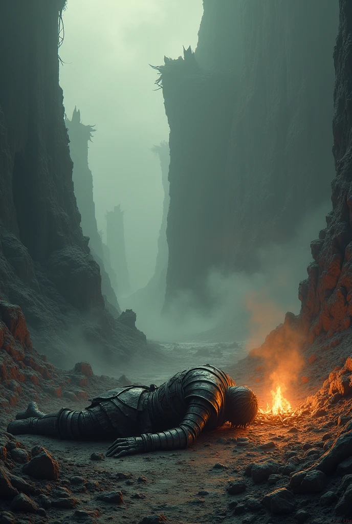 Un paysage dans dark souls 4 avec un chevalier aux milieux du décor qui agonise sur une flamme