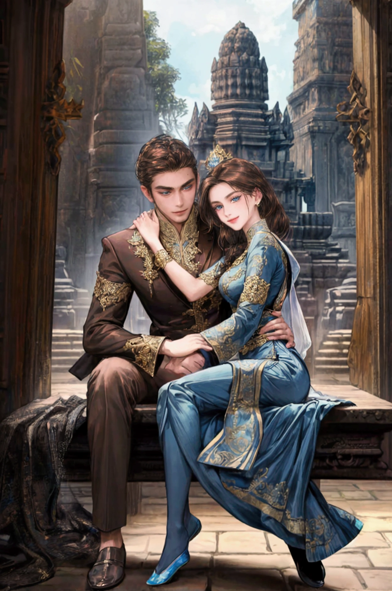 Couple, embrace each other, javanese style, masterpiece, best quality, realistic, quiet and charming, 29 years old, blue eyes, serious, extremely detailed face, full body, smile,((dark brown, swept side hair)), [ eyebrows], blue suit, prambanan temple, accurate, detailed