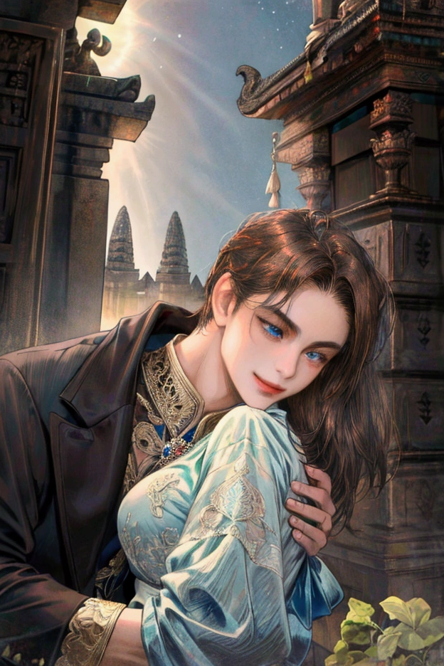Couple, embrace each other, javanese style, masterpiece, best quality, realistic, quiet and charming, 29 years old, blue eyes, serious, extremely detailed face, full body, smile,((dark brown, swept side hair)), [ eyebrows], blue suit, prambanan temple, accurate, detailed