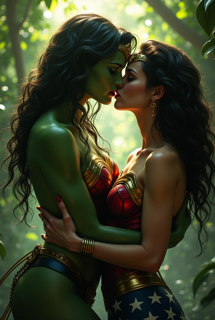 Poison ivy kisses Wonder woman's nech