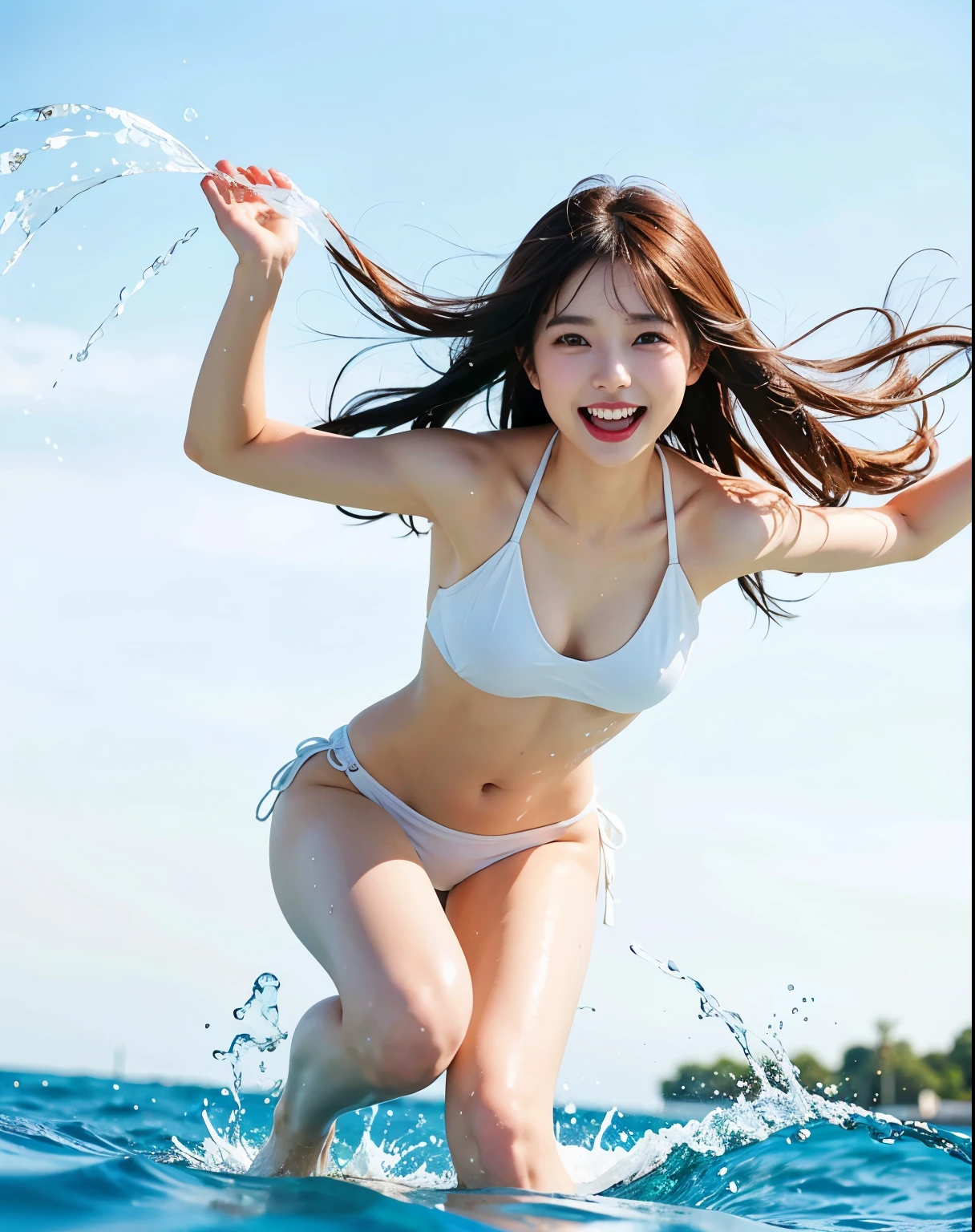 op quality, one beautiful woman, 35mm lens, f/1, cowboy shot, She wears a bikini, (white background: 1.3), flat chest, Captured in a burst of movement, A beautiful Japanese woman caught in a moment of movement, running through a pool, water splashing around her feet, she is wearing a white bikini that stands out against the crystal clear water, her expression expresses a sense of joy and freedom, her mouth open as she laughs, her eyes sparkling with a smile, the camera angle is low, emphasizing the action and the splashing water