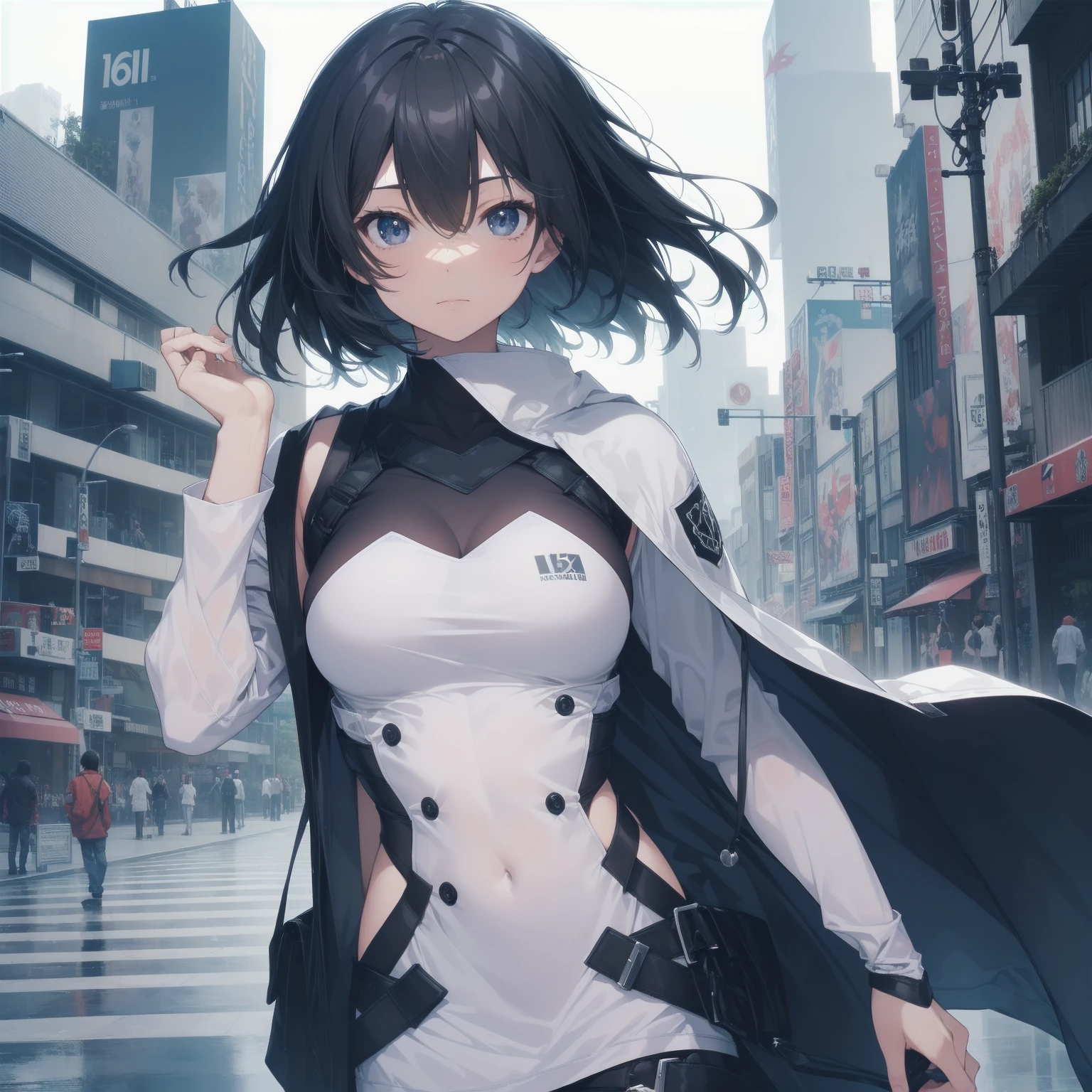 ultra-absurdres-Top quality by artist God, ultra-detailed, high resolution, anime moe artstyle, best anime 8k konachan wallpaper, pixiv contest winner, pool:2810, perfect anatomy,break, 1girl, (Please draw a girl dynamic action to skyscraper alone. )break,(Solo,little female, 16-year-old:1.3),Full limbs, complete fingers, cyberpunk, (very short hair), pixie cut, large breasts, groin, butt, small black eyes, beautiful detailed eyes, well-proportioned iris and pupils, expressive eyes, highres detailed hair, expressionless, bodysuit, plugsuit, (Detailed Lighting), (Detailed background), in the cityscape. break,super detailed skin, Best sexual lighting powered by famous artist, 8k,beauty illustration,photoshop_(medium),very aesthetic,break,((artist:izumi_tsubasu )), artist:clamp ,artist:carnelian ,artist:kantoku ,