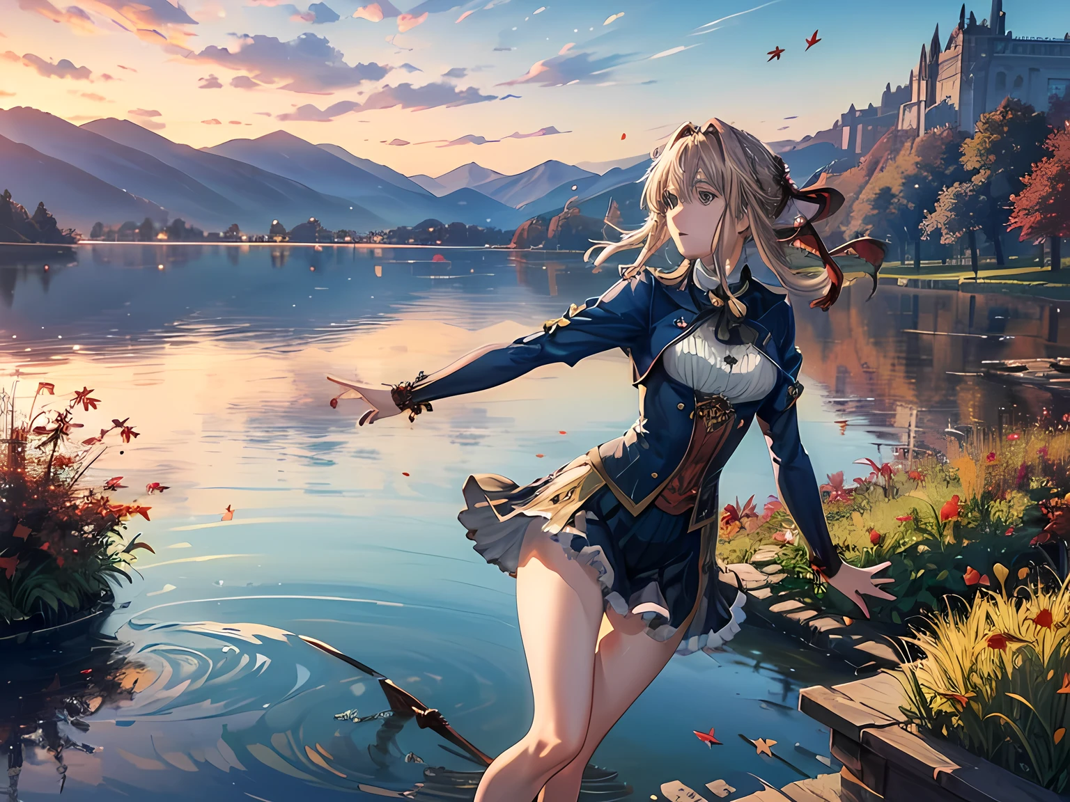 (((Very beautiful autumn scenery:1.3))), (Super detailed, Highly detailed, Violet Evergarden:1.2), Blonde hair, Blue eyes, hair between eye, ((on the lake, Long jump action, Dynamic movement, Long jump across the lake:1.3)), bow ribbon, Red Ribbon, braid, Hair Ribbon, Blue jacket, Jewelry, Bangs, brooches, Anime coloring, White Ascot, autumn leaves, tree, (Sparkling landscape), Sparkling photos, extremely details CG, (Perfect Anatomy), Perfect beautiful composition, ((masterpiece, best quality, HDR, high resolution))