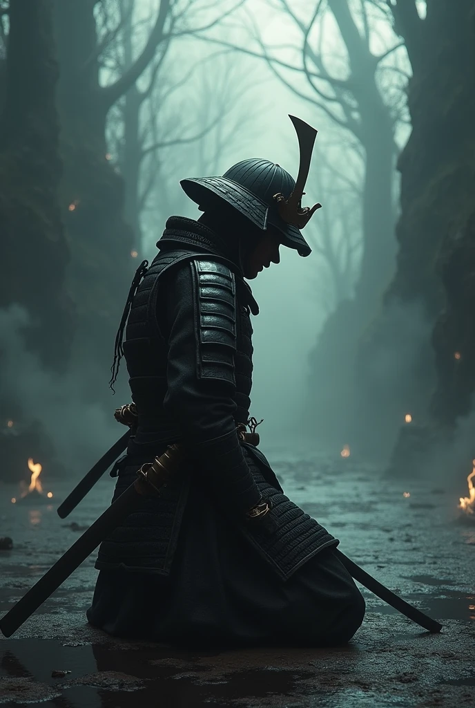 samurai kneeling at evil world

