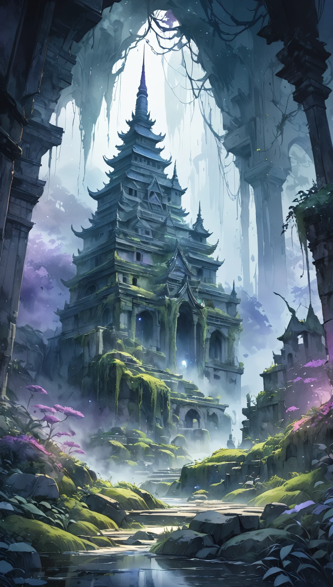 Lush and overgrown misty forest、Stone temples and castles of ancient ruins、Overgrown with vines、covered in moss、A crumbling building、Mysterious atmosphere、Dramatic lighting、Dramatic fog effect、Moody blue and purple hues、(Highest quality、4K、8k、High resolution、masterpiece:1.2)、Super detailed、(Watercolor、pale colour、Soft brushstrokes:1.37)、Intricate details、Cinematic composition、Dramatic lightingと影、Graceful、Awe-inspiring、Mysterious landscape painting