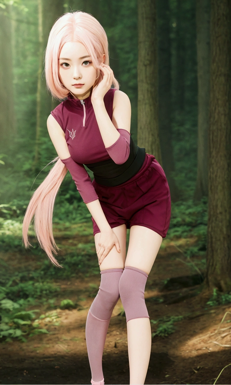 beautiful girl with pink hair and knee pads in a forest, realistis