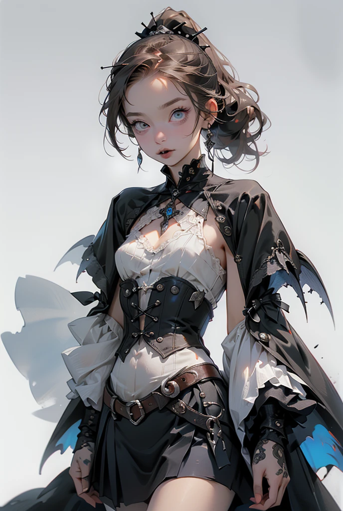 ((best quality)), ((masterpiece)), (detailed), perfect face, hand drawn style, hand painted style, watercolour, sketch, a knight, white background, plain background, Bloodborne inspired, tatty Bloodborne attire, occult aesthetic, occult, tatty red and white clothing detailed and intricate steampunk and detailed gothic lolita (with a hood), long coat, (thigh high flared socks), Complex laced boots, Fluttering lace flared long knee length dress with frilly petticoats, long dress, knee length dress, pleated petticoats, lolita dress, petticoats gothic lolita aesthetic, small breasts, (flat chest:1.1), (((( Highly detailed face))), small thin nose, Small thin lips mouth, (((Very sharp focused eyes))), very long eyelashes, ((dark hair)), ((ponytail, thick ponytail, heavy ponytail)), white background, Very dramatic and cinematic lighting, tatty damaged old red and white clothing, full body, whole body, body, cosmic horror, grim dark, (Gothic Horror:1.7)